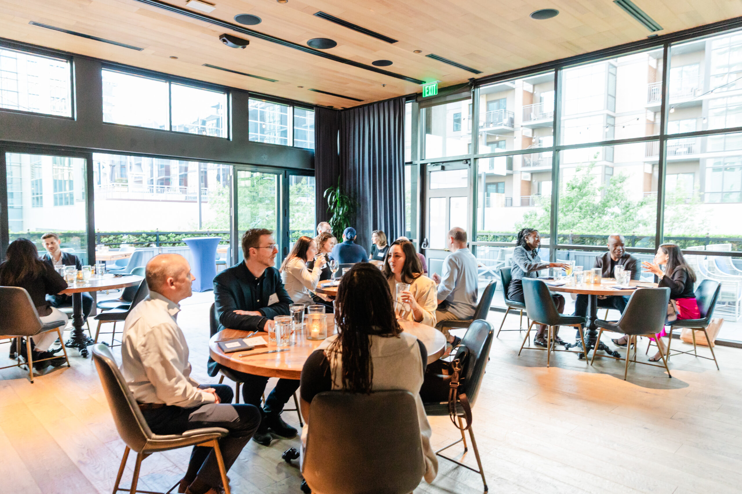 the inside of the henry in dallas that has been transformed for a corporate networking event