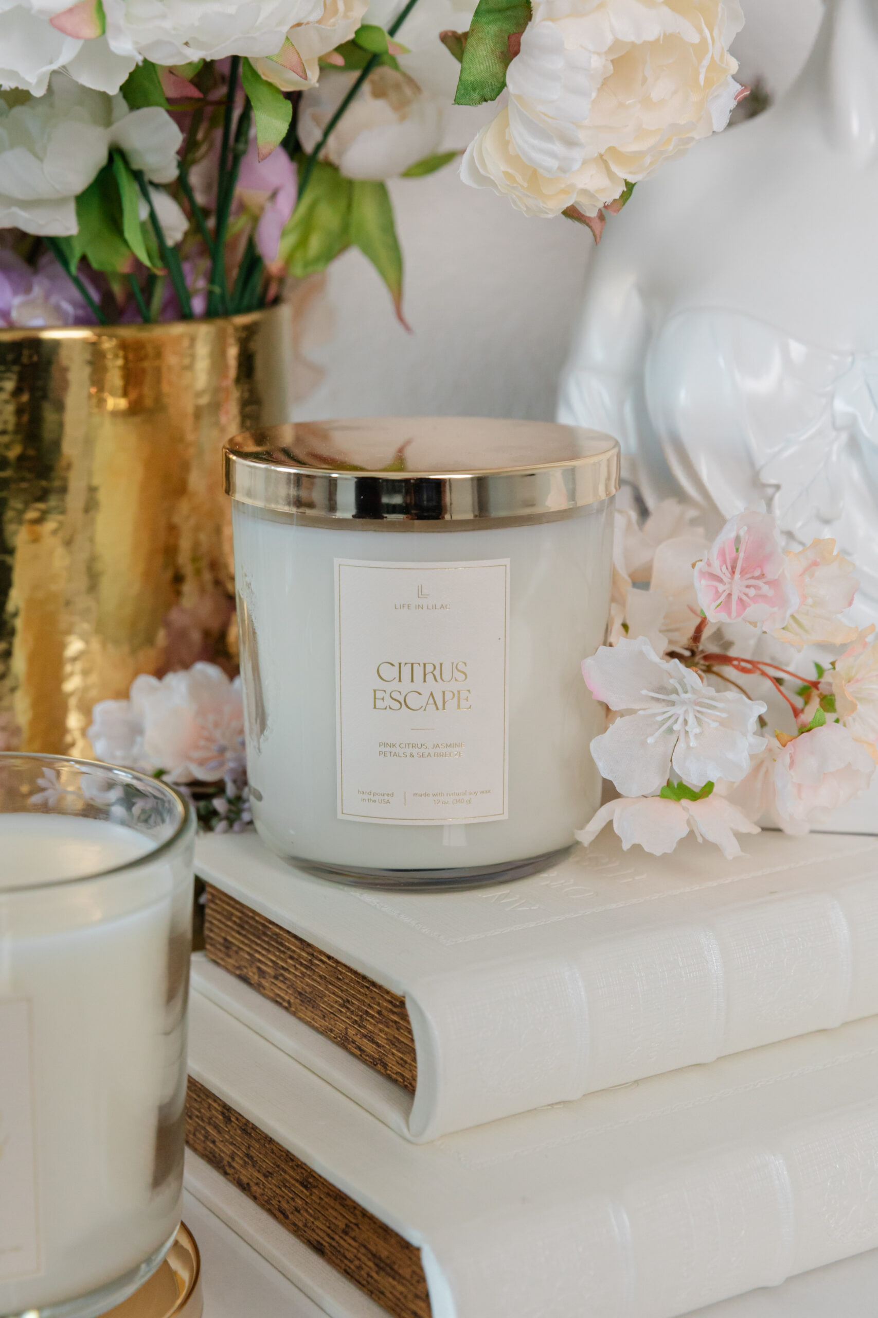 a candle called citrus escape by Life In Lilac on top of books 