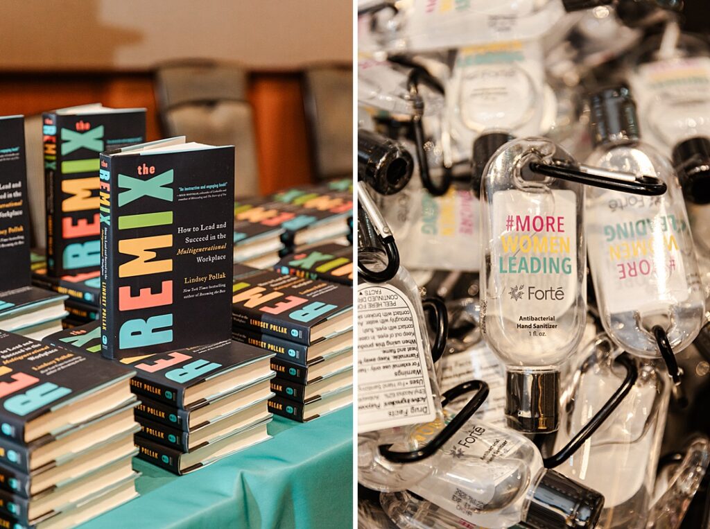 Diptych of details from the Forte Foundation's MBA Women's Leadership Conference in Dallas, Texas. The left image shows a display of books entitled "the REMIX" by Lindsey Pollak on a table with a blue tablecloth. The image on the right shows themed mini hand sanitizers marked with Forte logo and text reading"#MORE WOMEN LEADING."