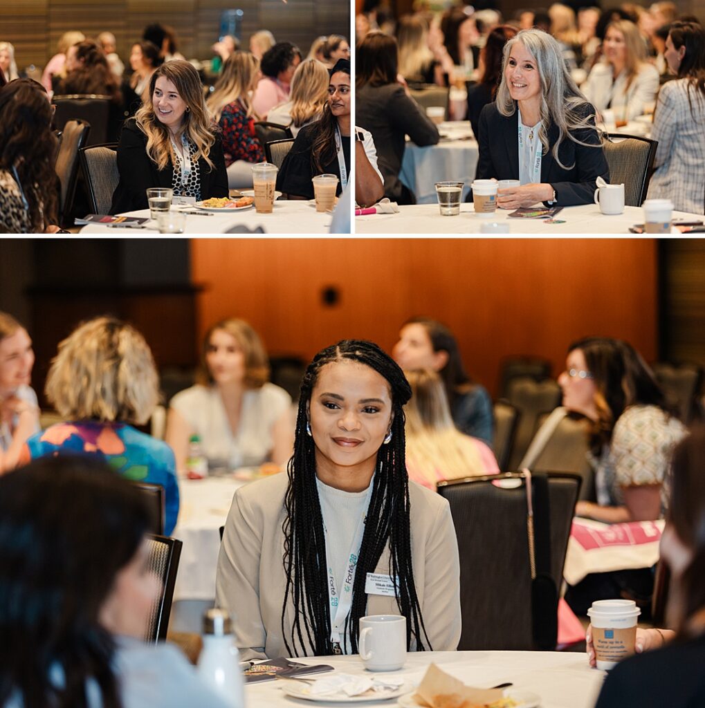 Triptych of different women smiling and interacting with fellow colleagues in a large ballroom during the Forte Foundation's MBA Women's Leadership Conference in Dallas, Texas. All three women are wearing professional business attire with Forte branded name tags and lanyards. Other groups of women can be seen acting similarly in the background. 