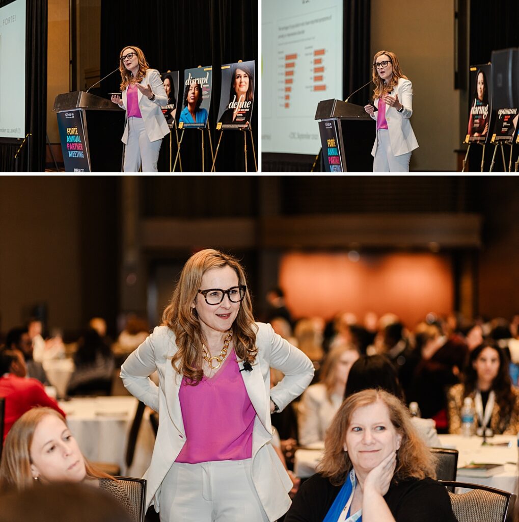 A triptych of the same woman speaking to an audience during the Forte Foundation's MBA Women's Leadership Conference in Dallas, Texas. She's wearing a cream suit with a light purple blouse, glasses, and a gold necklace. The top two images show her speaking to the audience on stage at a podium while the bottom image shows her coming down to a table of women in the crowd to interact with them.