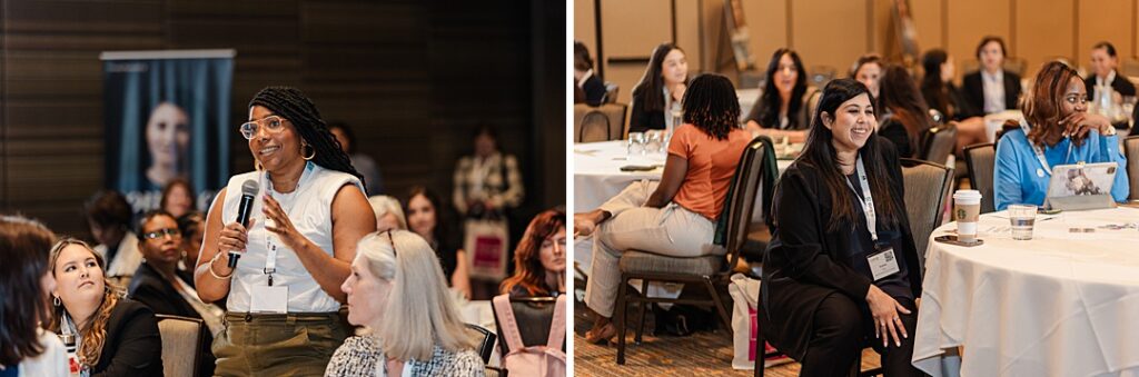A diptych women asking or listening to questions during the Forte Foundation's MBA Women's Leadership Conference in Dallas, Texas. The image on the left shows a women standing at her table with a microphone and addressing the speaker on stage. The image on the right shows a woman smiling and listening intently to the speaker.