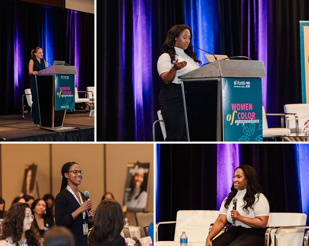 A polyptych of women speaking to an audience or to the speakers on stage during the Forte Foundation's MBA Women's Leadership Conference in Dallas, Texas. The top two images show two different women speaking to the audience on stage from a podium. The bottom left image shows a woman in the audience standing at her table with a microphone addressing those on stage. The image in the bottom right shows one of the women from the top two images sitting on a couch on stage and speaking to the audience.