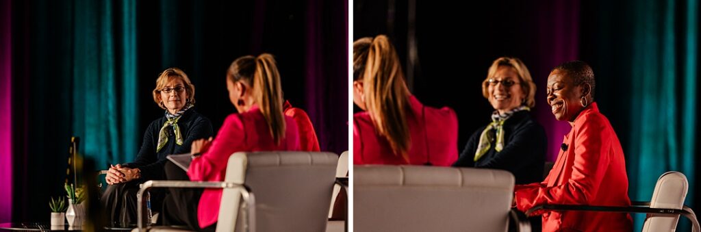 A diptych of three women sitting on chairs around a table on stage during the Forte Foundation's MBA Women's Leadership Conference in Dallas, Texas. All three women are wearing a professional business attire and are having a discussion in both images.