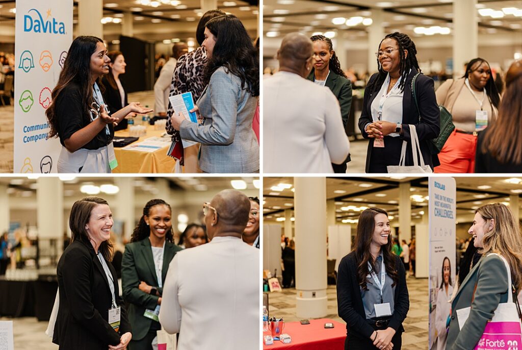 A "polyptych" of women interacting with businesses during the trade show at the Forte Foundation's MBA Women's Leadership Conference in Dallas, Texas. All four images show women in professional business attire and Forte branded lanyards all smiling and talking.