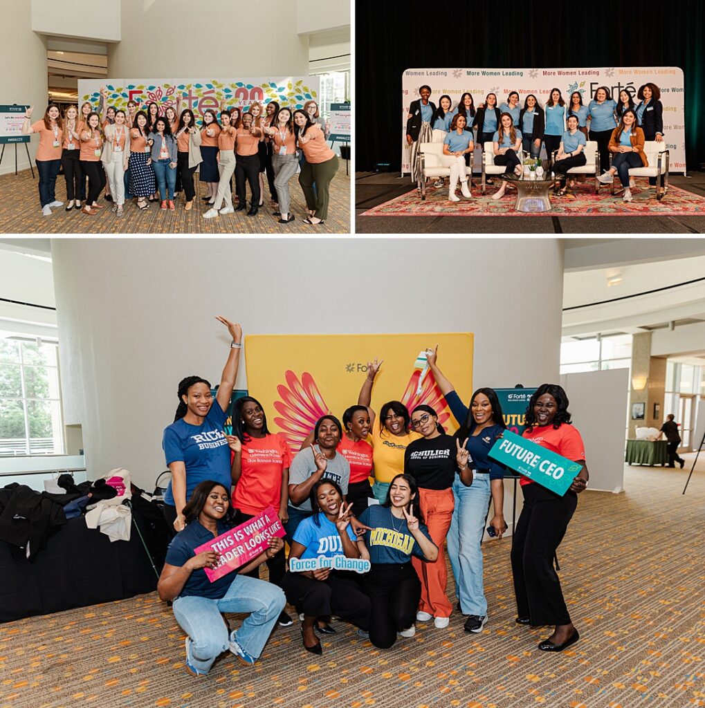 A triptych of three different groups of women posing for a group picture during the Forte Foundation's MBA Women's Leadership Conference in Dallas, Texas. The top two images show women wearing matching, branded shirts while the bottom image shows a group of women wearing shirts representing their respective universities. 