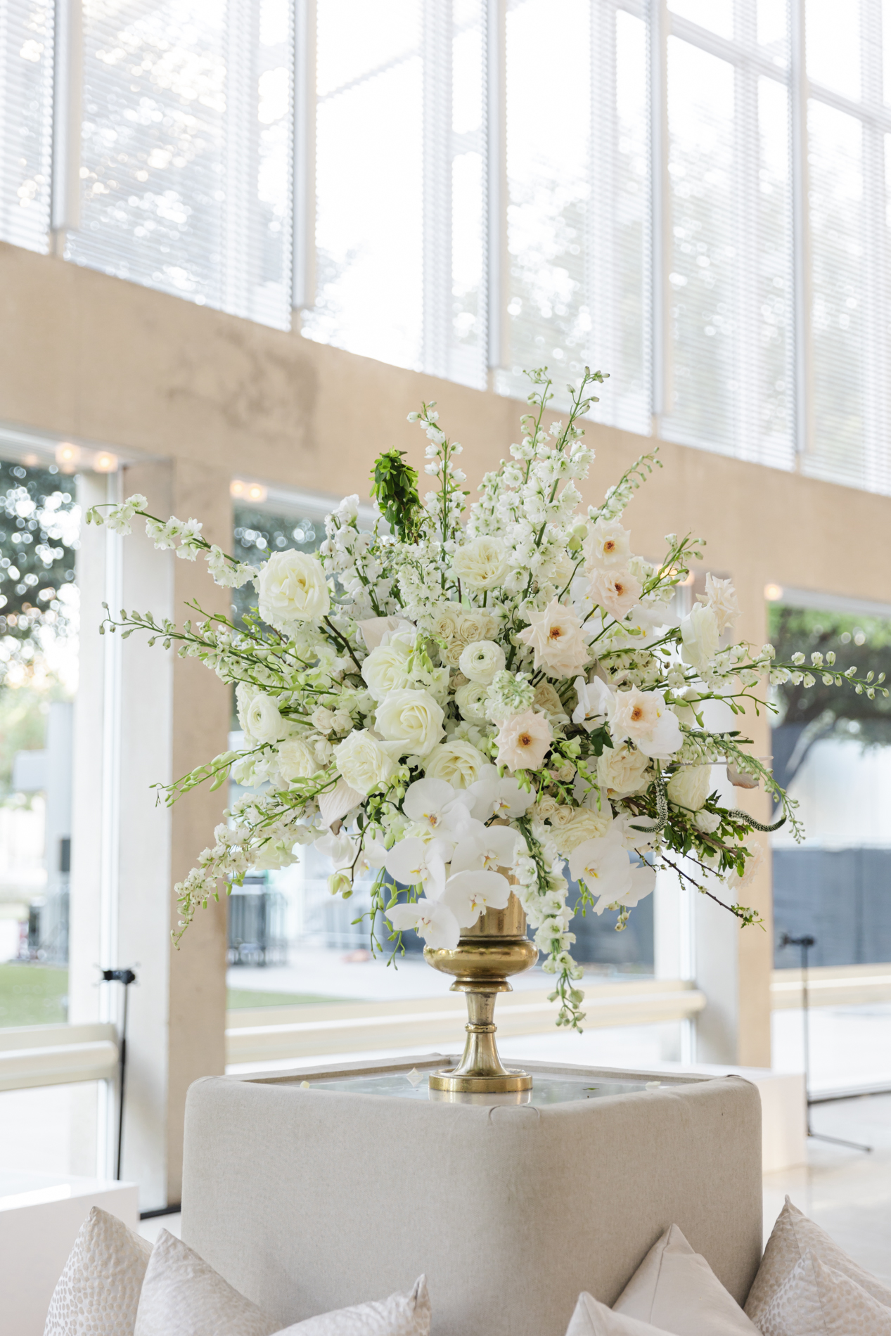Fort Worth Event Photographer: Detail shot of a large, white, floral centerpiece at an event.